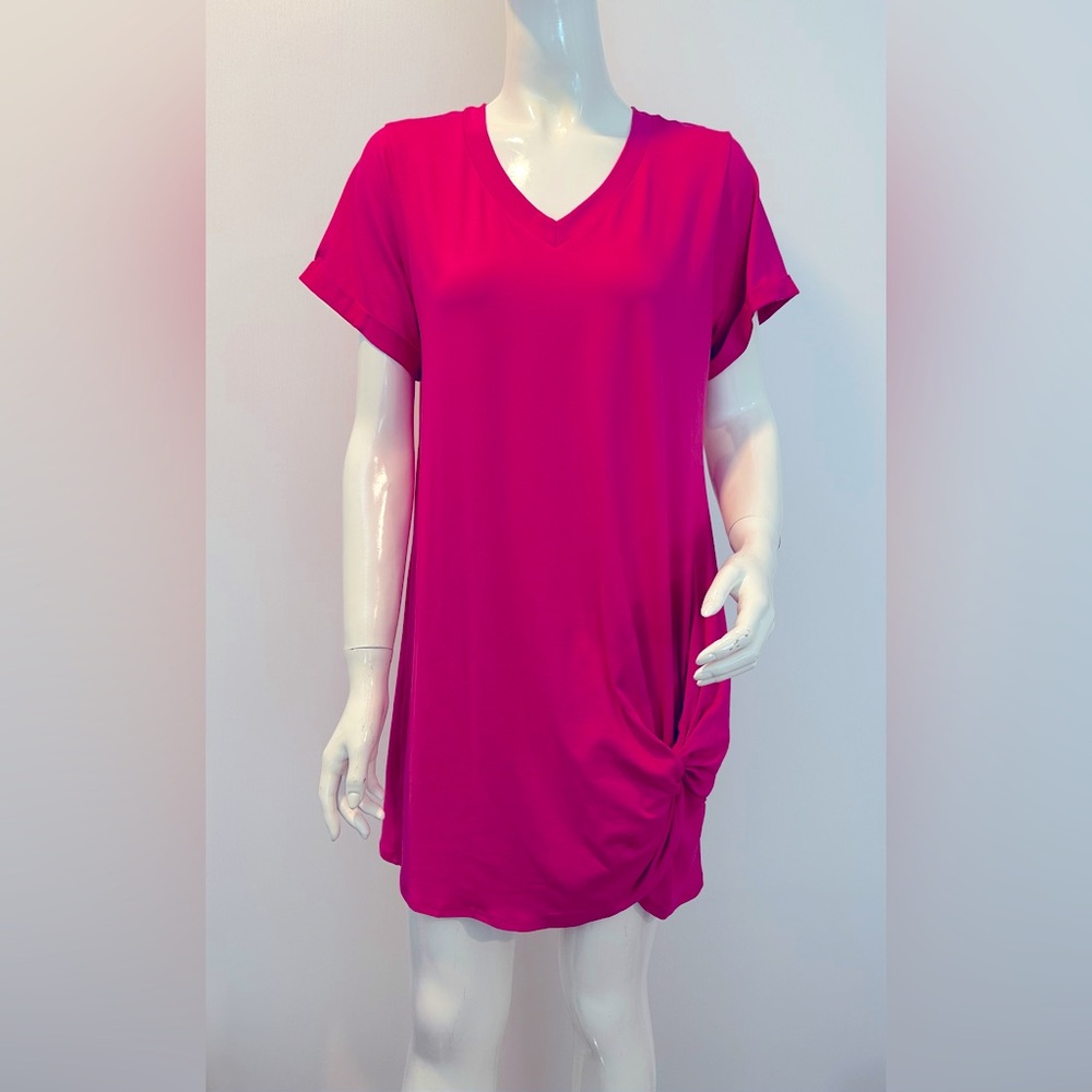 JODIFL Fuchsia V-Neck Short Sleeve Dress